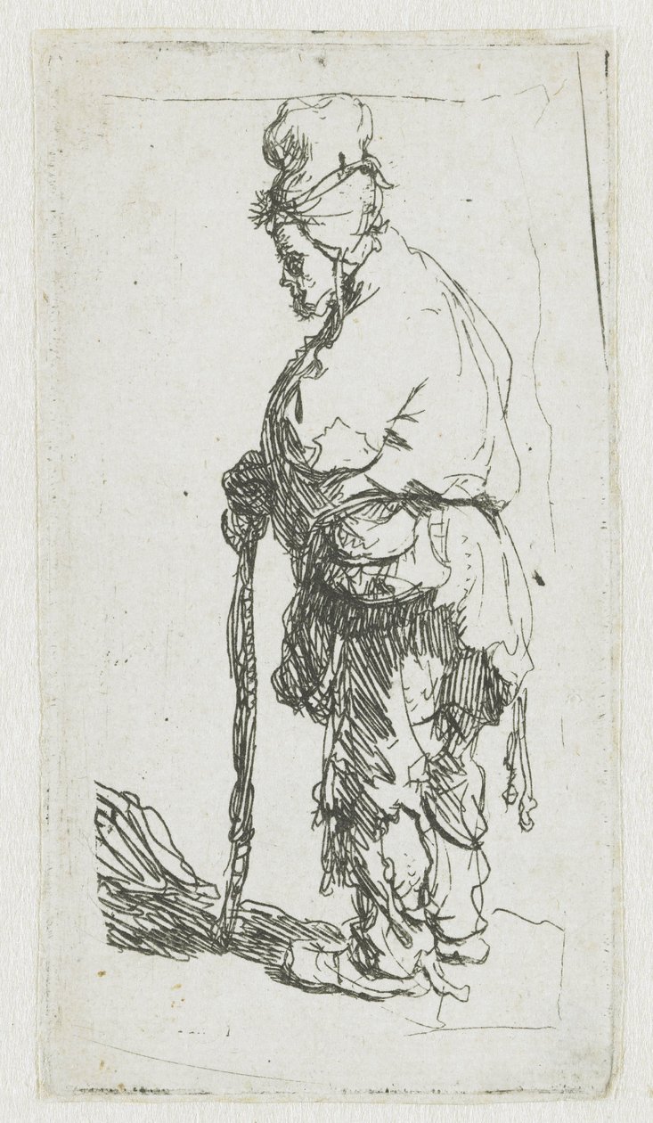 Žebrák opírající se o hůl, pohled směrem doleva od Rembrandt van Rijn