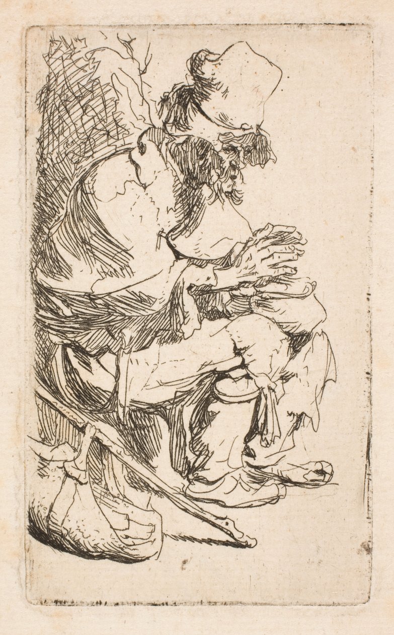 Žebrák sedí a ohřívá si ruce u ohřívacího kotlíku od Rembrandt van Rijn