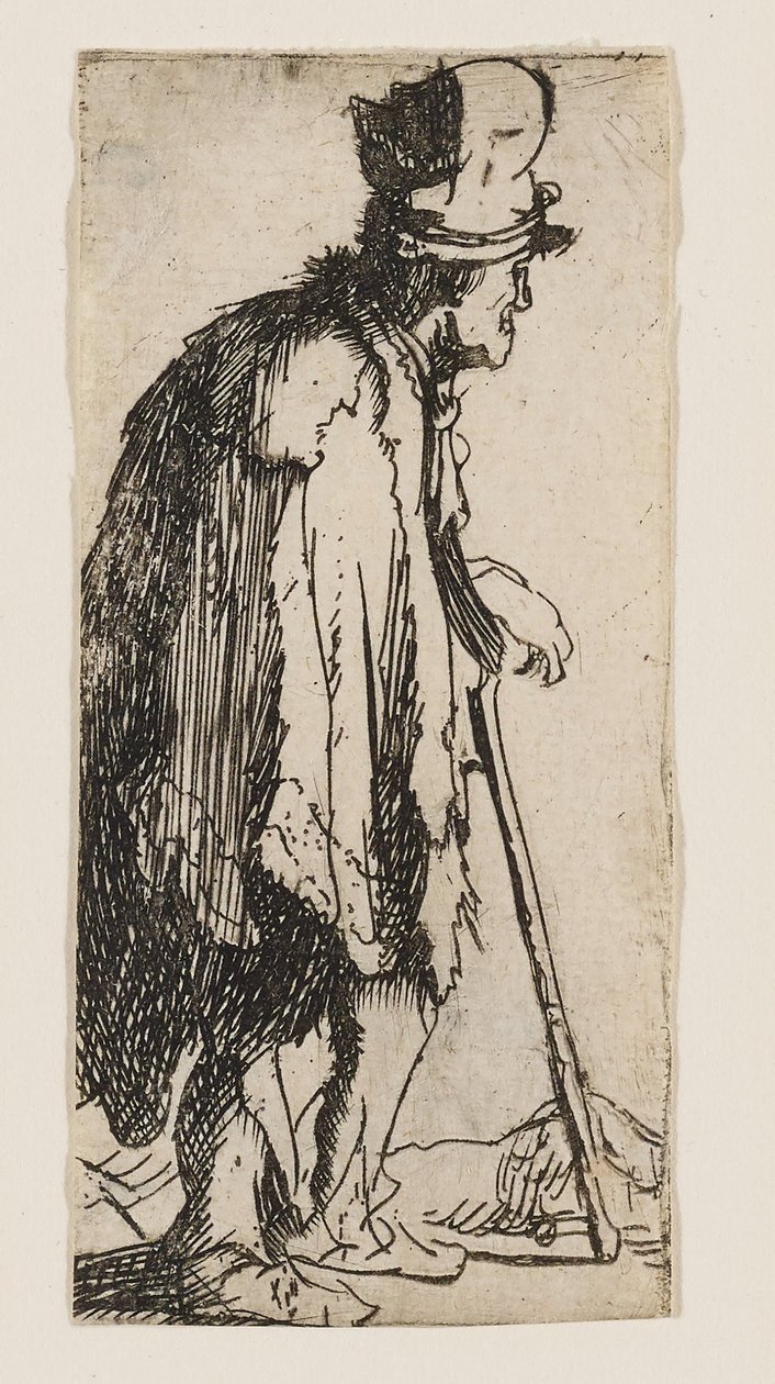 Žebrák s ochrnutou rukou, opírající se o hůl od Rembrandt van Rijn