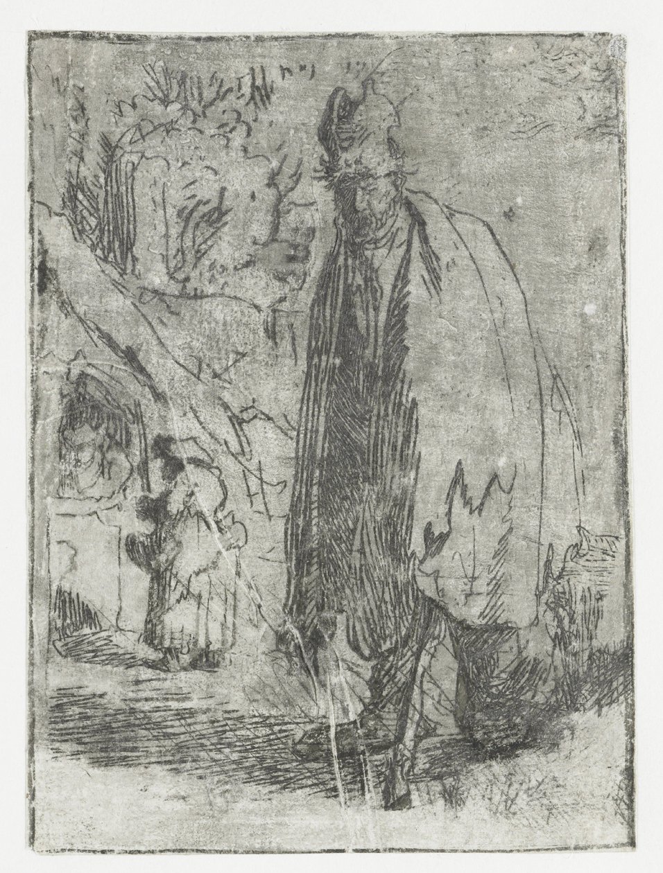 Žebrák s chaloupkou a dvěma postavami v pozadí od Rembrandt van Rijn