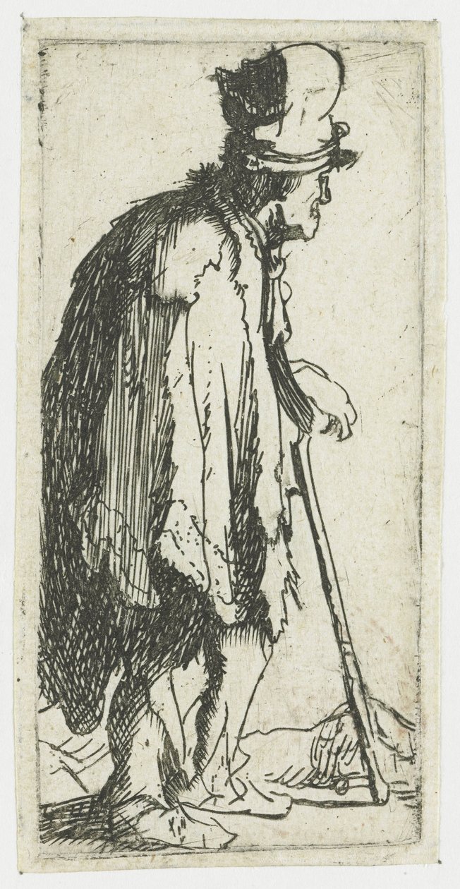 Žebrák se zaťatou pěstí, opírající se o hůl od Rembrandt van Rijn