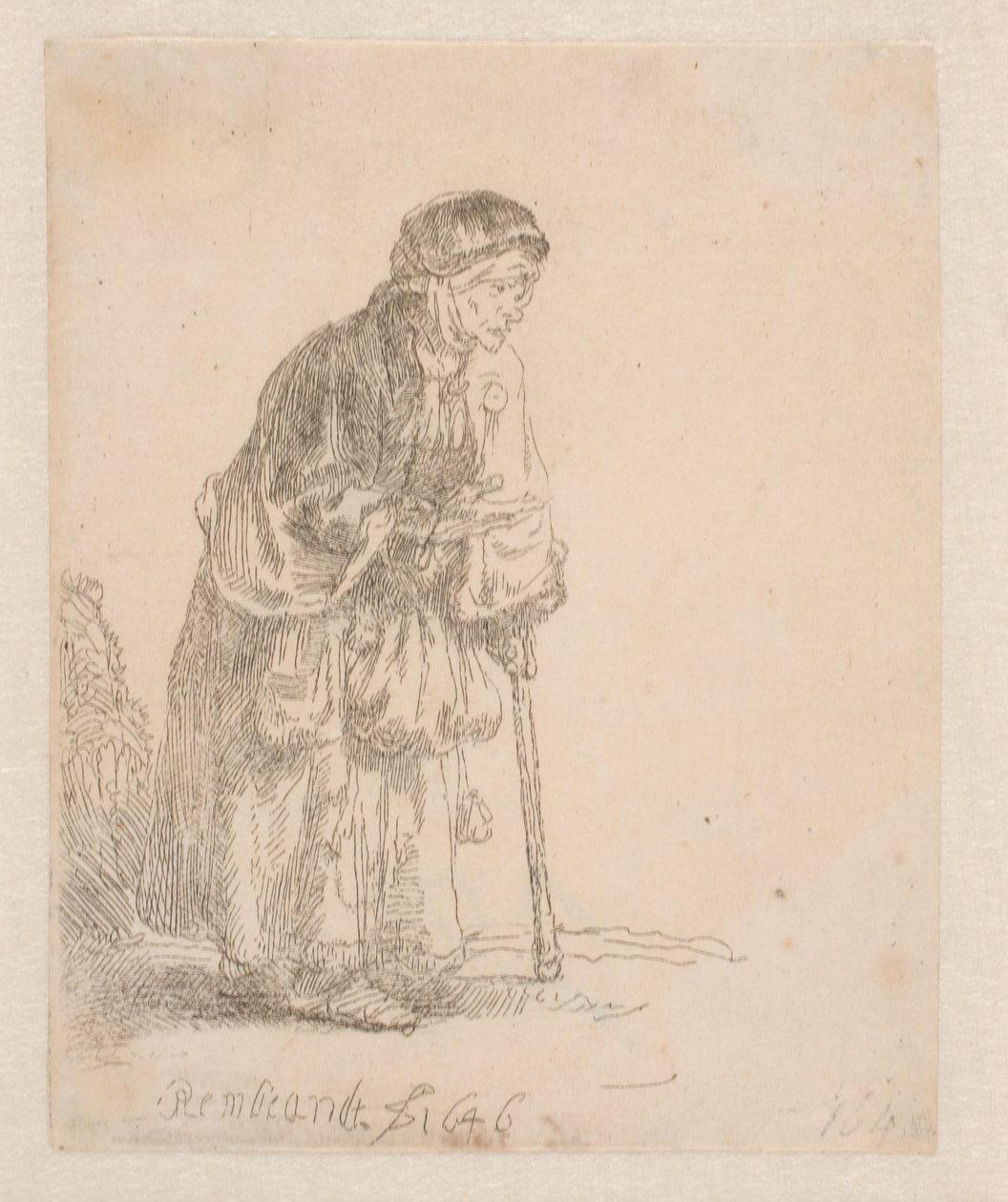 Žebračka opírající se o hůl od Rembrandt van Rijn