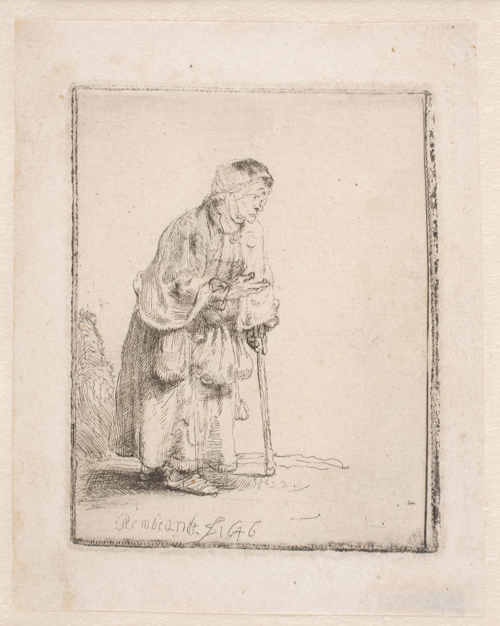 Žebračka opírající se o hůl od Rembrandt van Rijn
