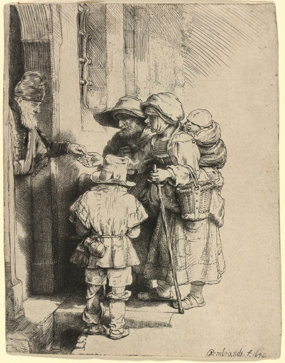Žebráci přijímající almužnu u dveří domu od Rembrandt van Rijn