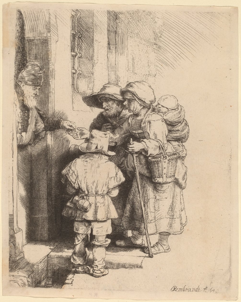 Žebráci přijímající almužnu u dveří domu od Rembrandt van Rijn