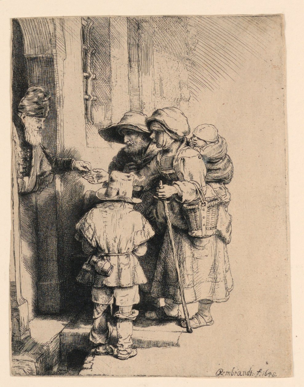 Žebráci přijímající almužnu u dveří domu od Rembrandt van Rijn