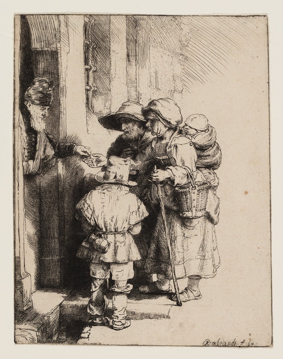 Žebráci přijímající almužnu u dveří domu od Rembrandt van Rijn