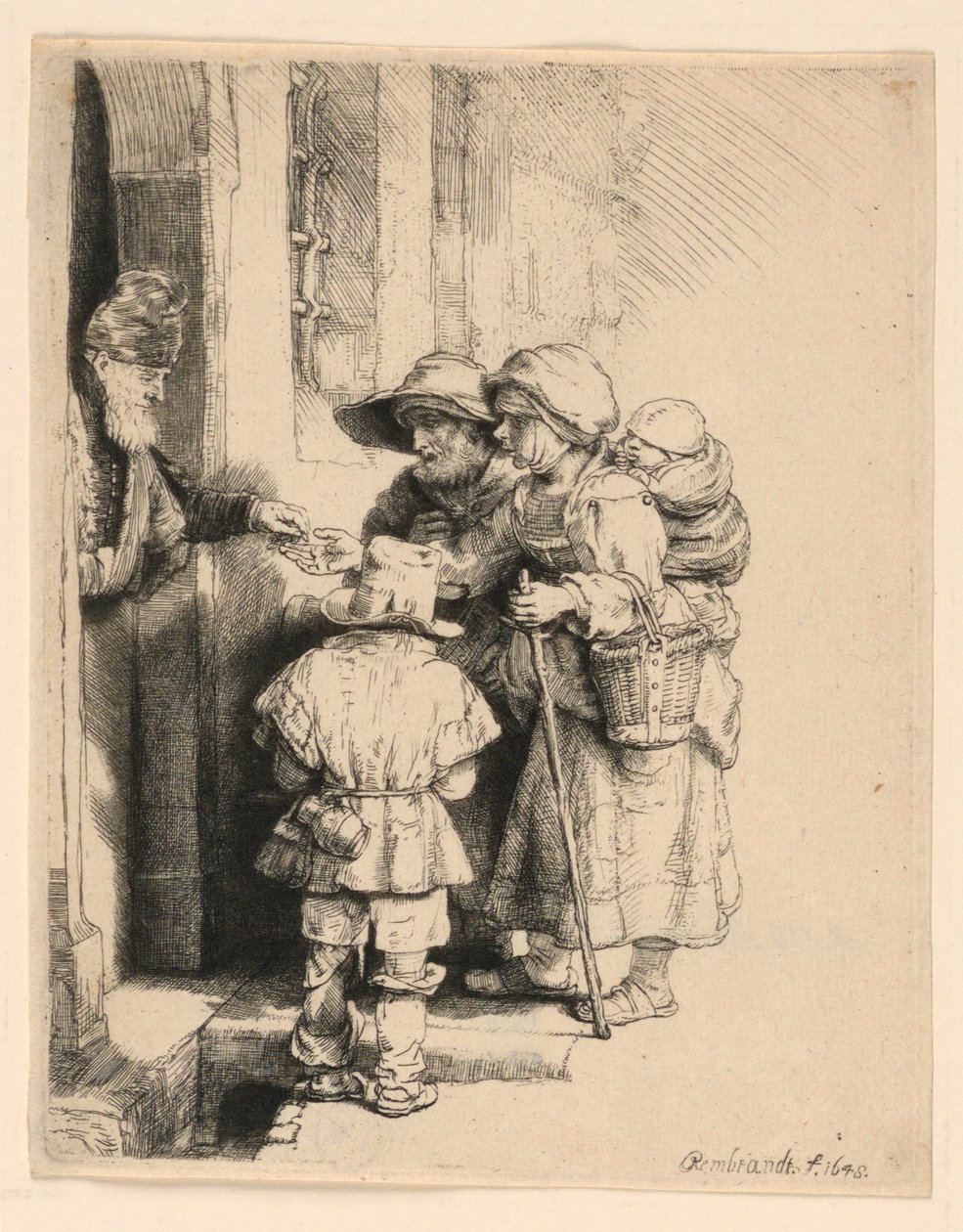 Žebráci přijímající almužnu u dveří domu od Rembrandt van Rijn