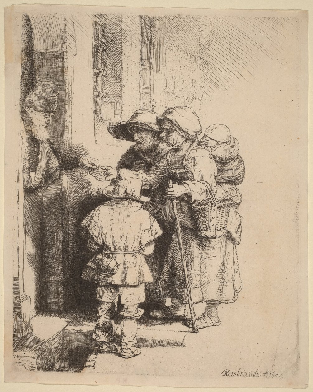 Žebráci přijímající almužnu u dveří domu od Rembrandt van Rijn