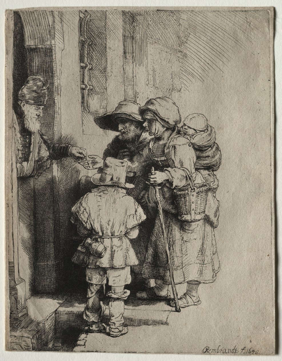 Žebráci přijímající almužnu u dveří domu, 1648. od Rembrandt van Rijn