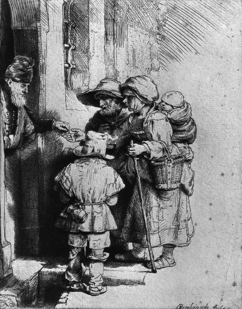 Žebráci na prahu domu, 1648 od Rembrandt van Rijn