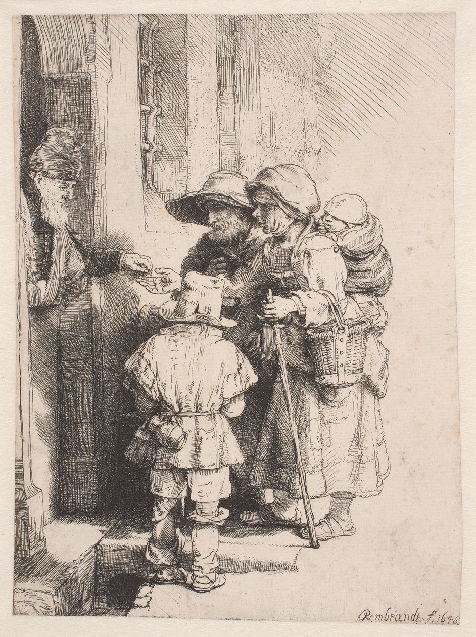 Žebráci přijímající almužnu u dveří domu od Rembrandt van Rijn