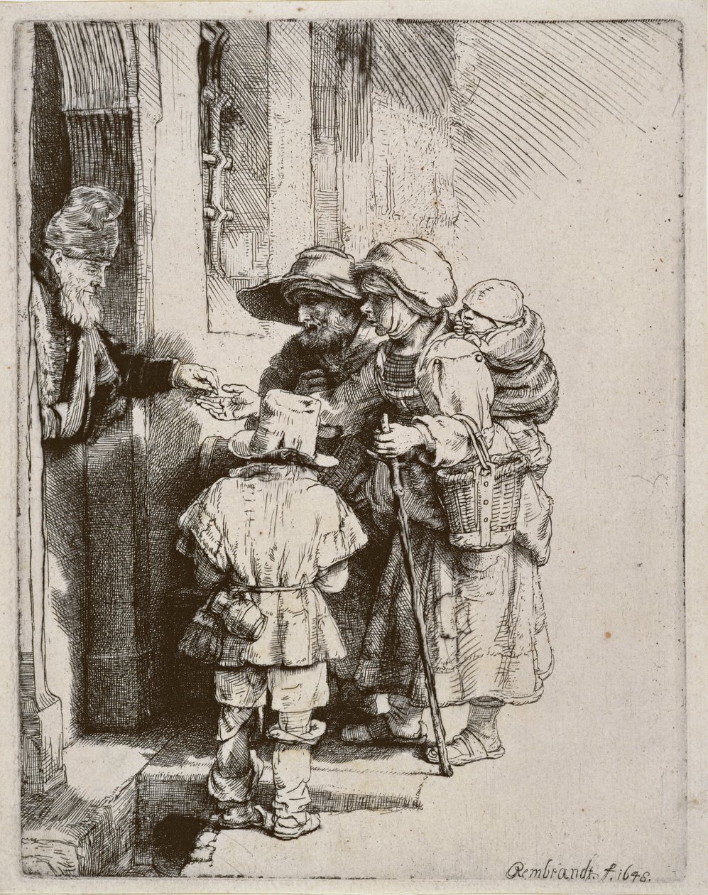Žebráci přijímající almužnu u dveří domu, 1648 (rytina suchou jehlou) od Rembrandt van Rijn
