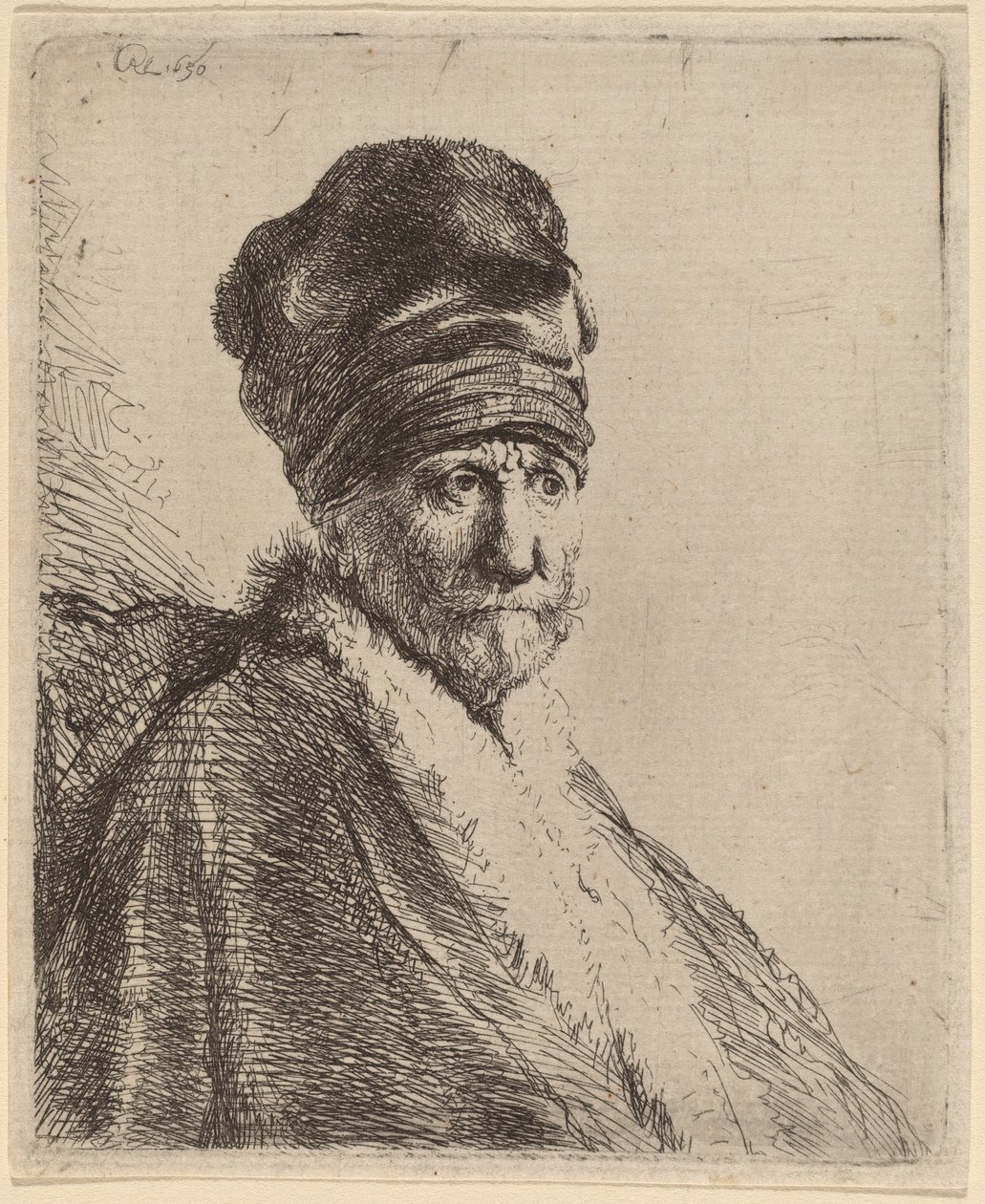 Busta muže s vysokou čepicí, do tří čtvrtin vpravo (umělcův otec?) od Rembrandt van Rijn