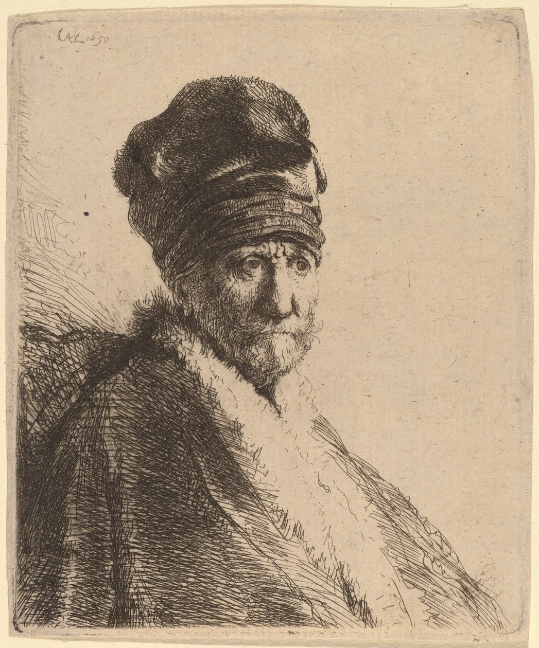 Busta muže s vysokou čepicí, do tří čtvrtin vpravo (umělcův otec?) od Rembrandt van Rijn