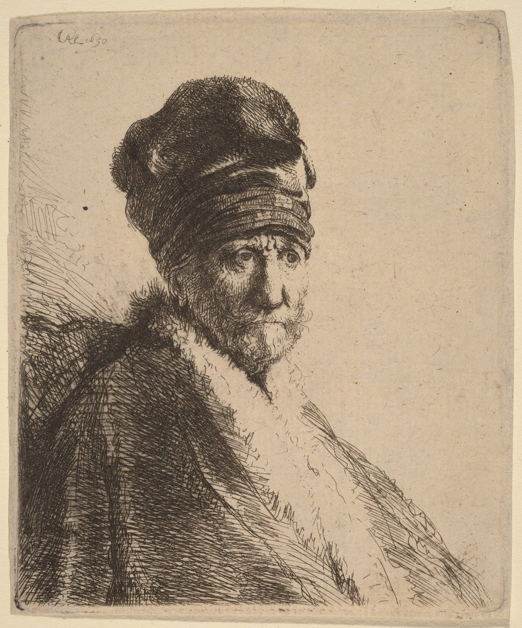 Busta muže s vysokou čepicí, pohled ze tří čtvrtin zprava (umělcův otec) od Rembrandt van Rijn