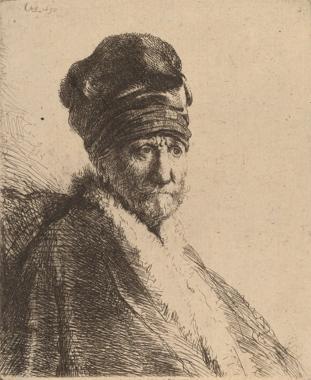 Busta muže s vysokou čepicí, tři čtvrtiny vpravo Umělcův otec, 1630. od Rembrandt van Rijn