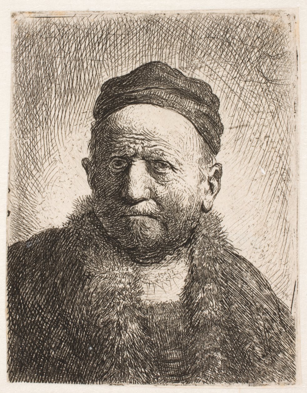 Poprsí muže (Rembrandtova otce) v čelním pohledu, s těsnou čepicí na hlavě od Rembrandt van Rijn
