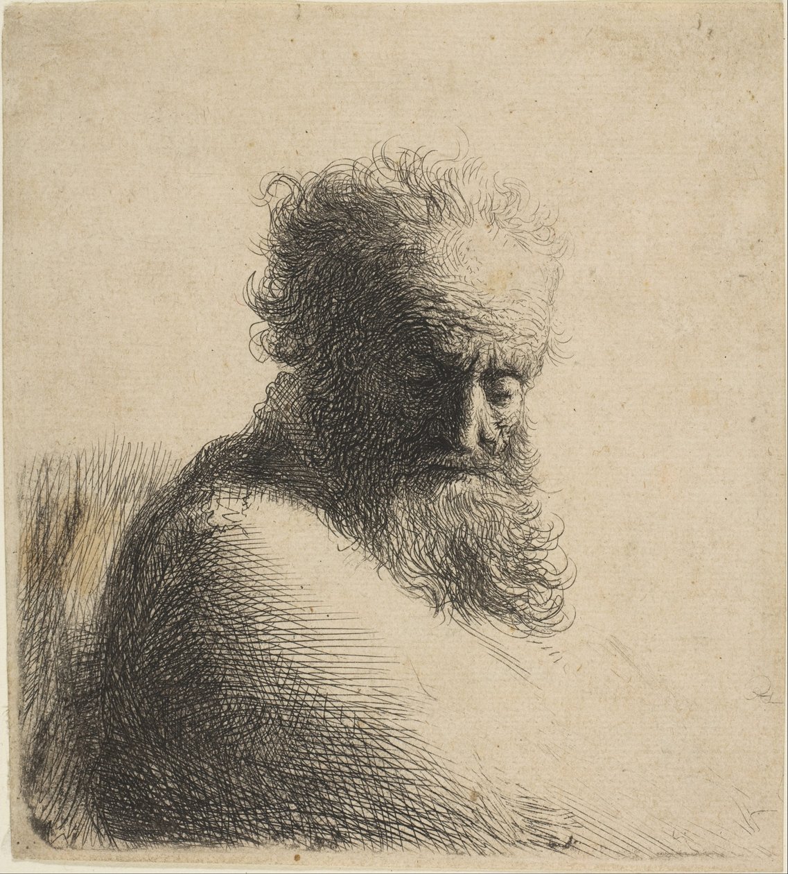 Busta starého vousatého muže při pohledu dolů, tři čtvrtiny vpravo, 1631. od Rembrandt van Rijn