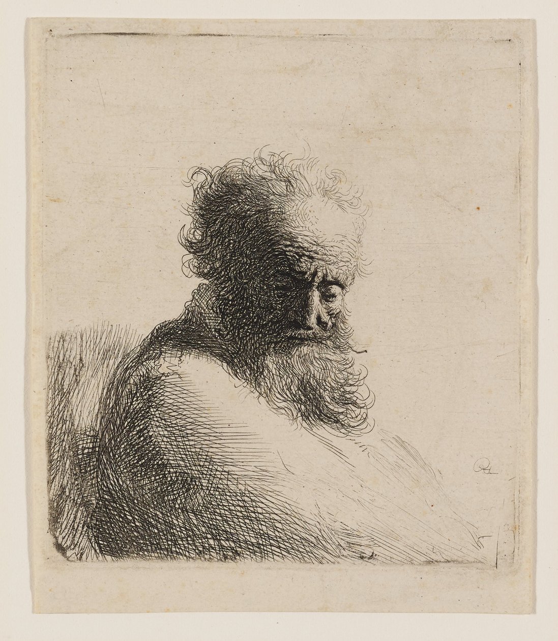 Busta starého vousatého muže, který se dívá dolů, v tříčtvrtečním pohledu zprava od Rembrandt van Rijn
