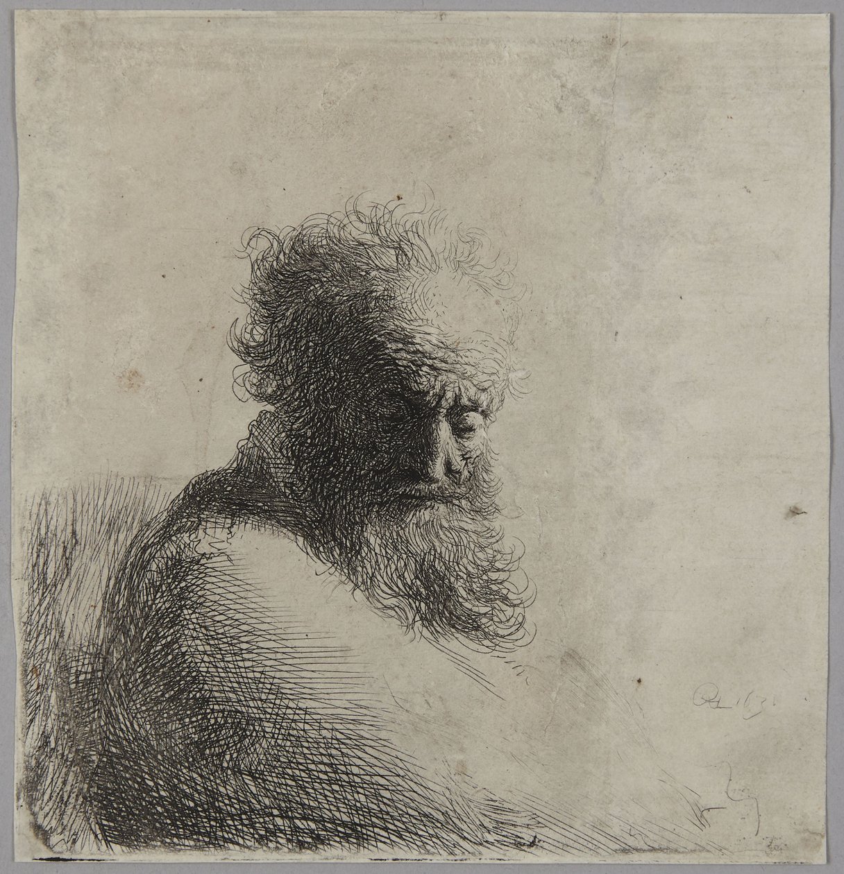 Busta starého muže, hledícího dolů, v tříčtvrtečním pohledu zprava od Rembrandt van Rijn