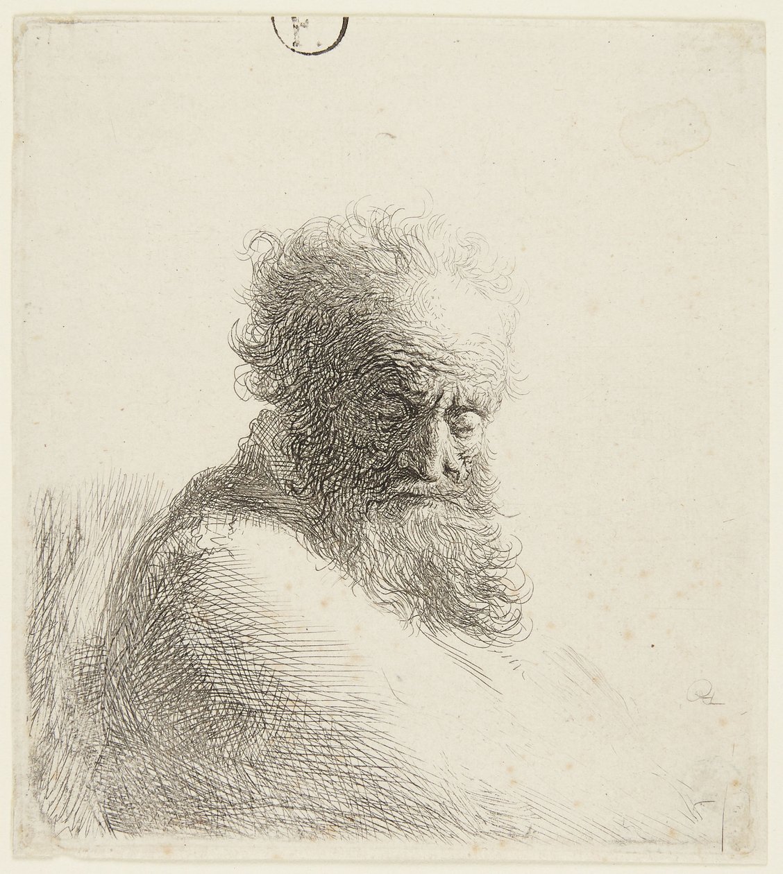 Busta starého muže, hledícího dolů, v tříčtvrtečním pohledu zprava od Rembrandt van Rijn