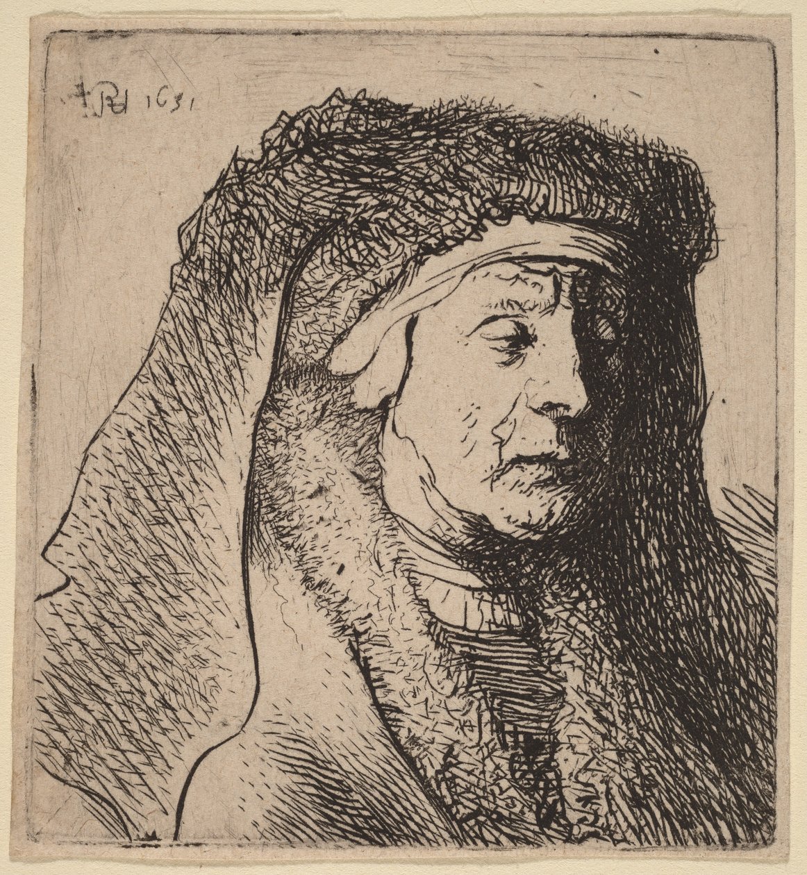 Poprsí staré ženy v kožešinovém plášti a s mohutnou čelenkou od Rembrandt van Rijn