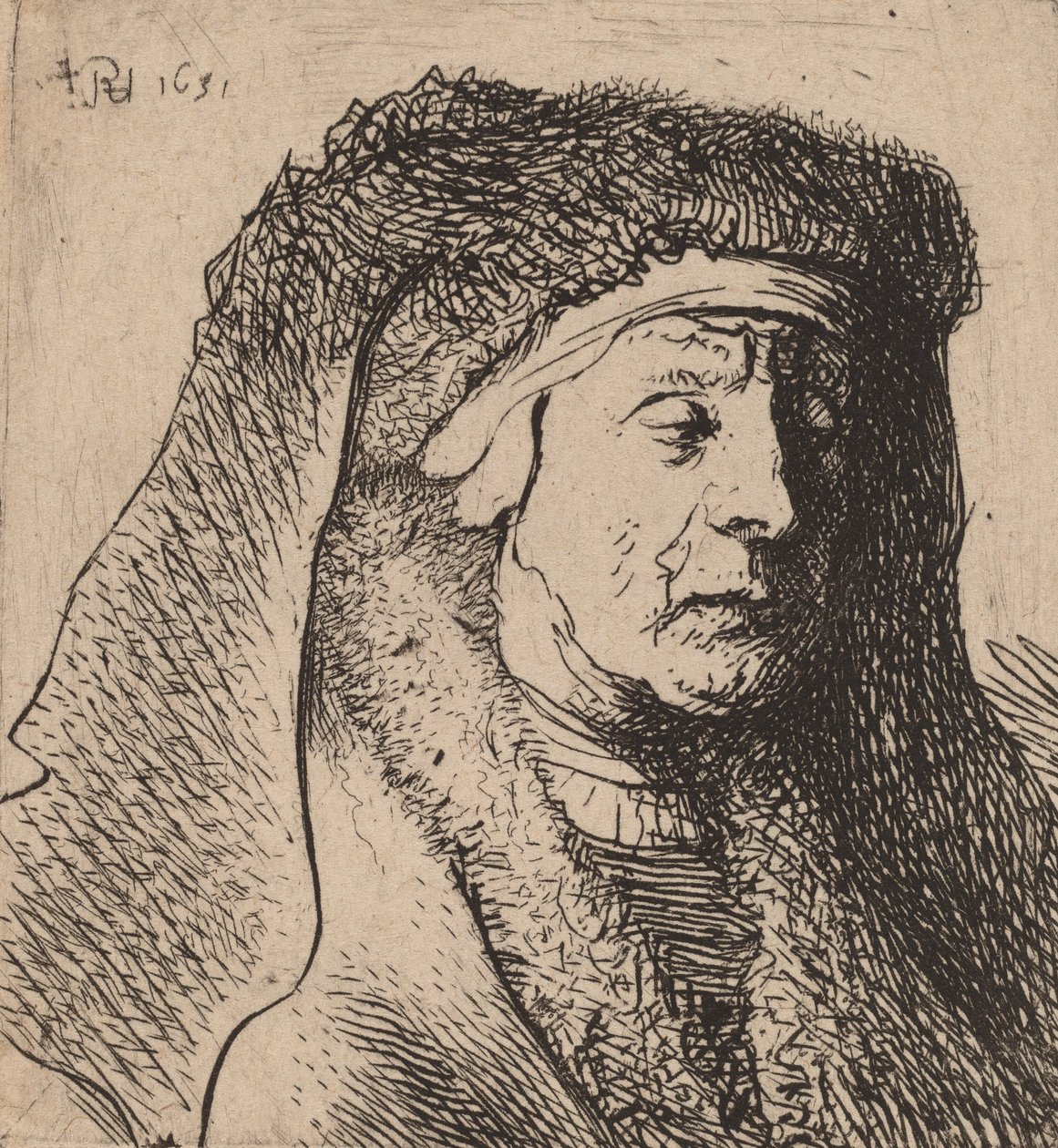 Busta staré ženy v chlupatém plášti a těžkou čelenkou, 1631. od Rembrandt van Rijn