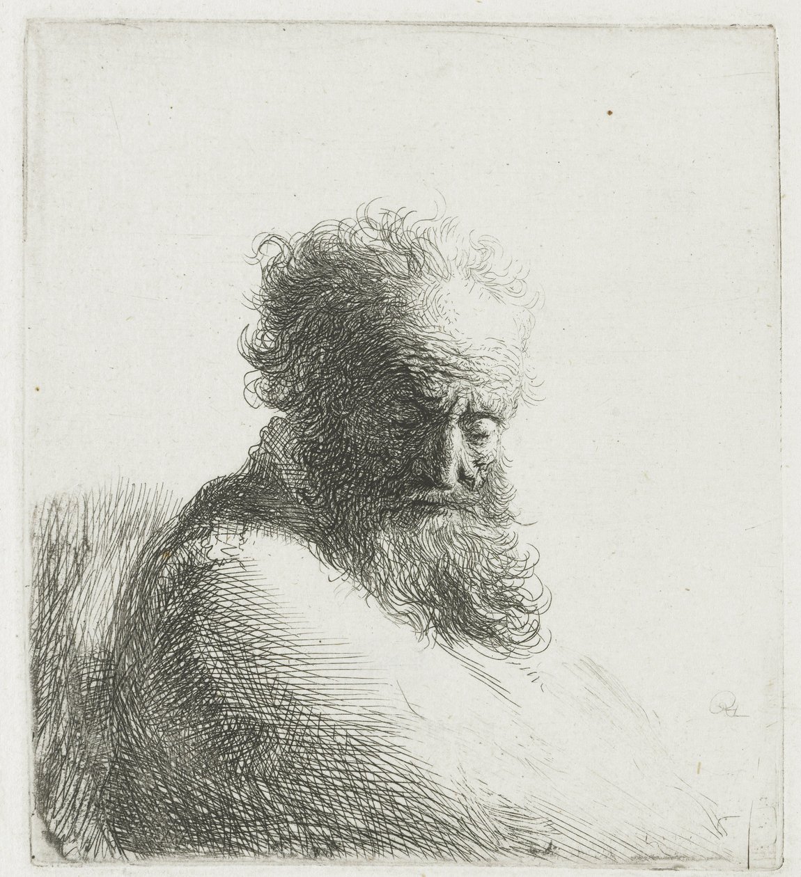 Busta starého vousatého muže, který se dívá dolů, ze tří čtvrtin doprava od Rembrandt van Rijn