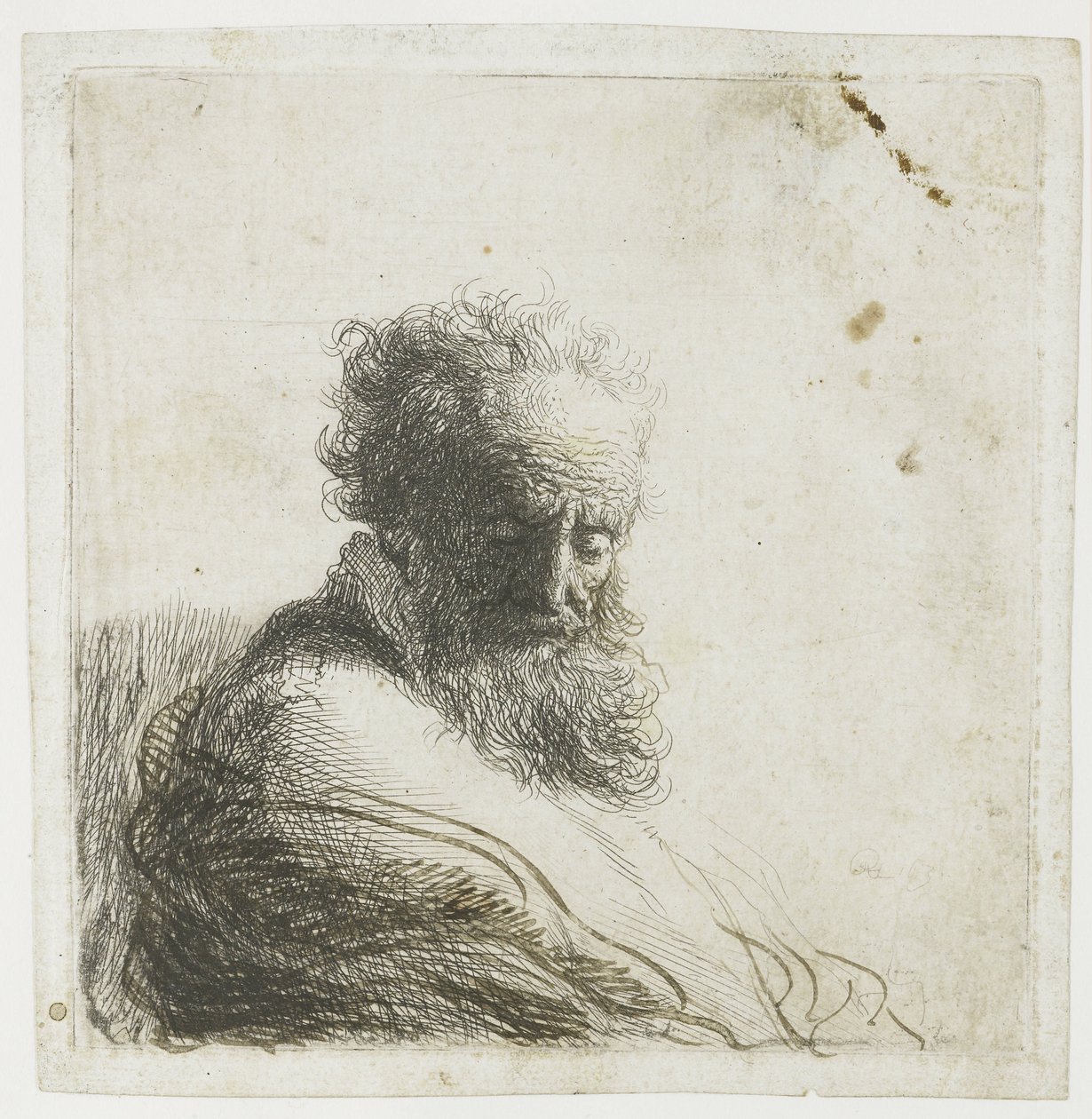 Busta starého vousatého muže, který se dívá dolů, ze tří čtvrtin doprava od Rembrandt van Rijn