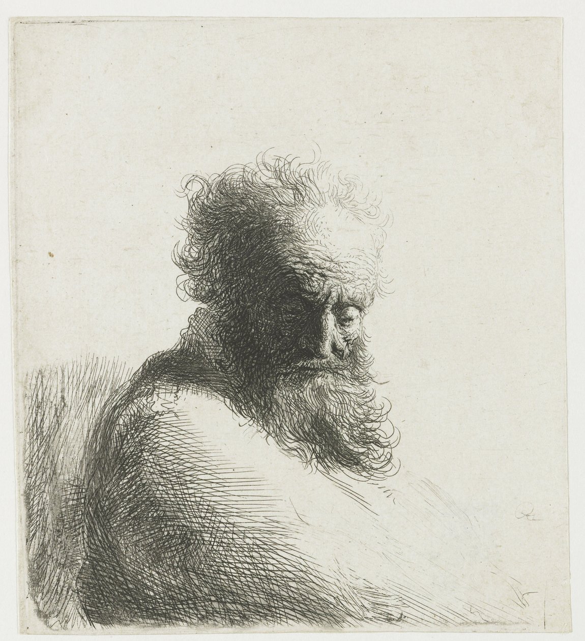 Busta starého vousatého muže, který se dívá dolů, ze tří čtvrtin doprava od Rembrandt van Rijn