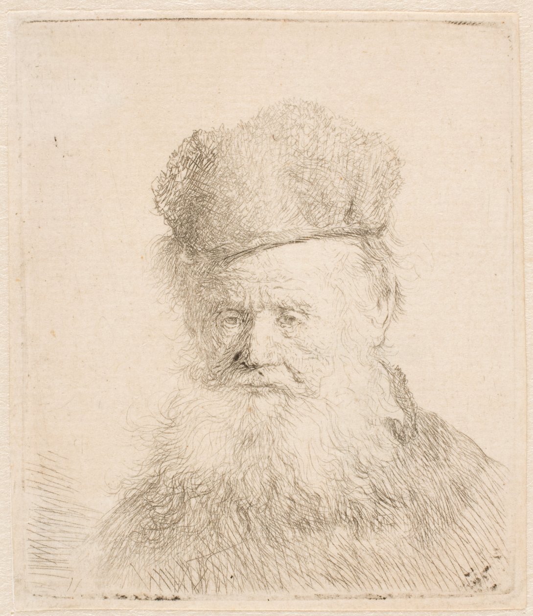 Busta starého muže s kožešinovou čepicí a splývavým vousem: téměř zepředu: pohled upřený přímo před sebe od Rembrandt van Rijn
