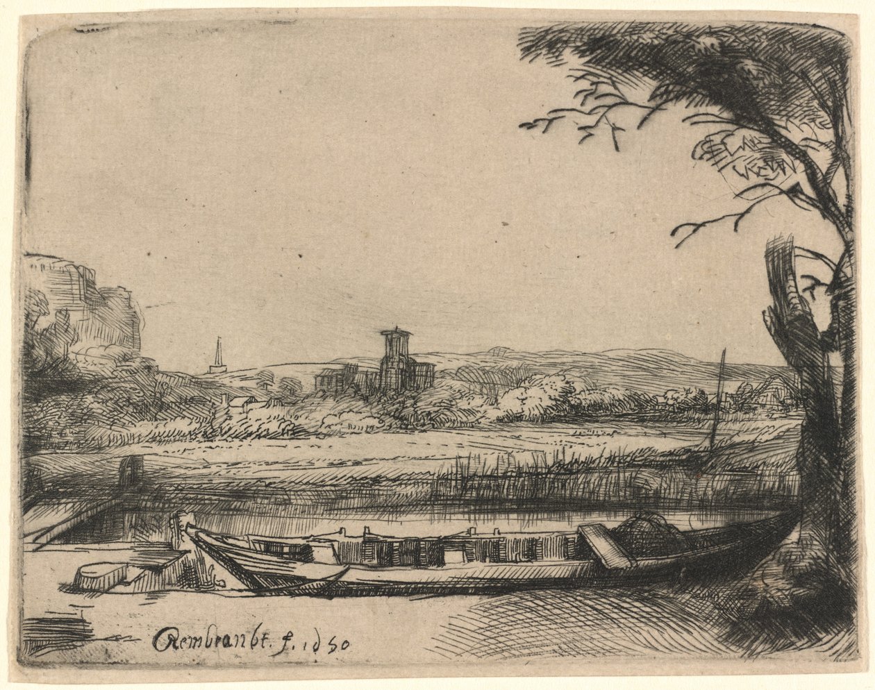 Kanál s velkou lodí a mostem od Rembrandt van Rijn