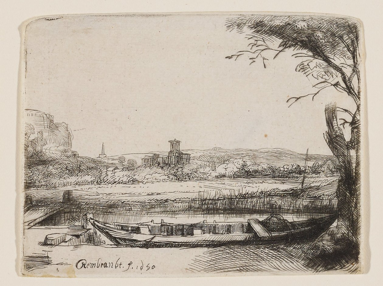 Kanál s velkou lodí a mostem od Rembrandt van Rijn