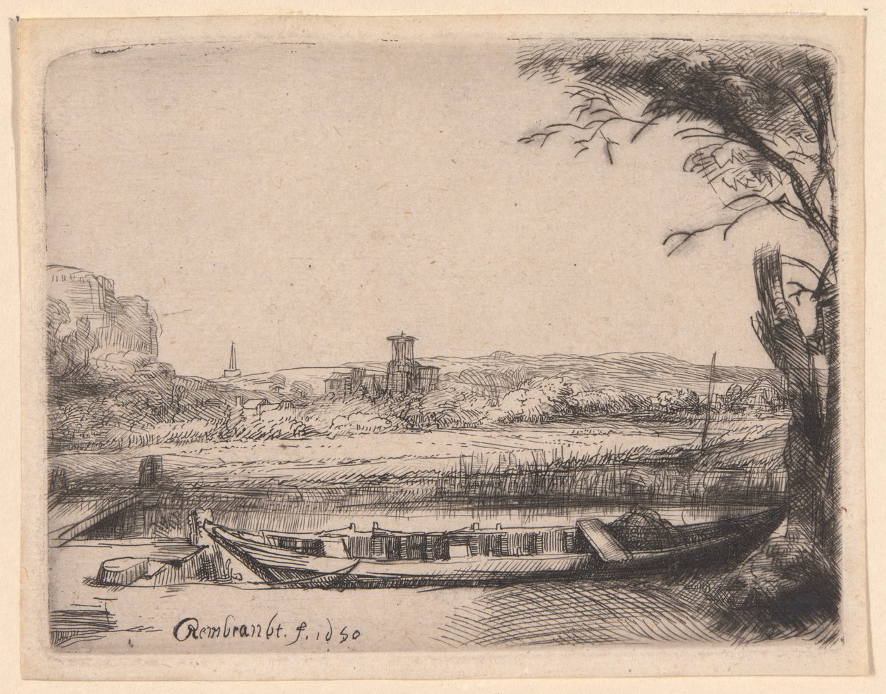 Kanál s velkou lodí a mostem od Rembrandt van Rijn