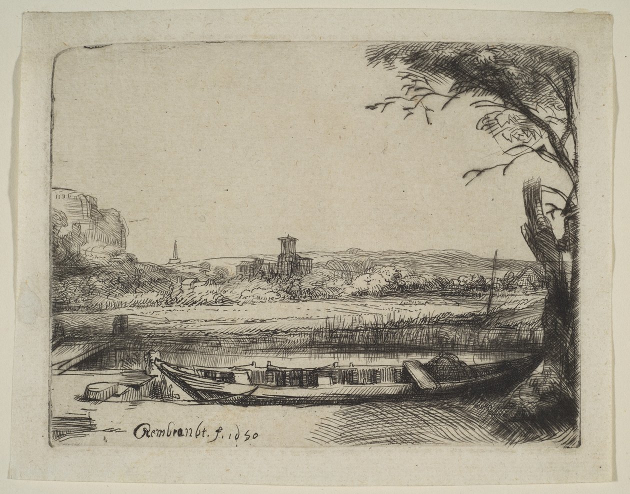 Kanál s velkou lodí a mostem, 1650. od Rembrandt van Rijn