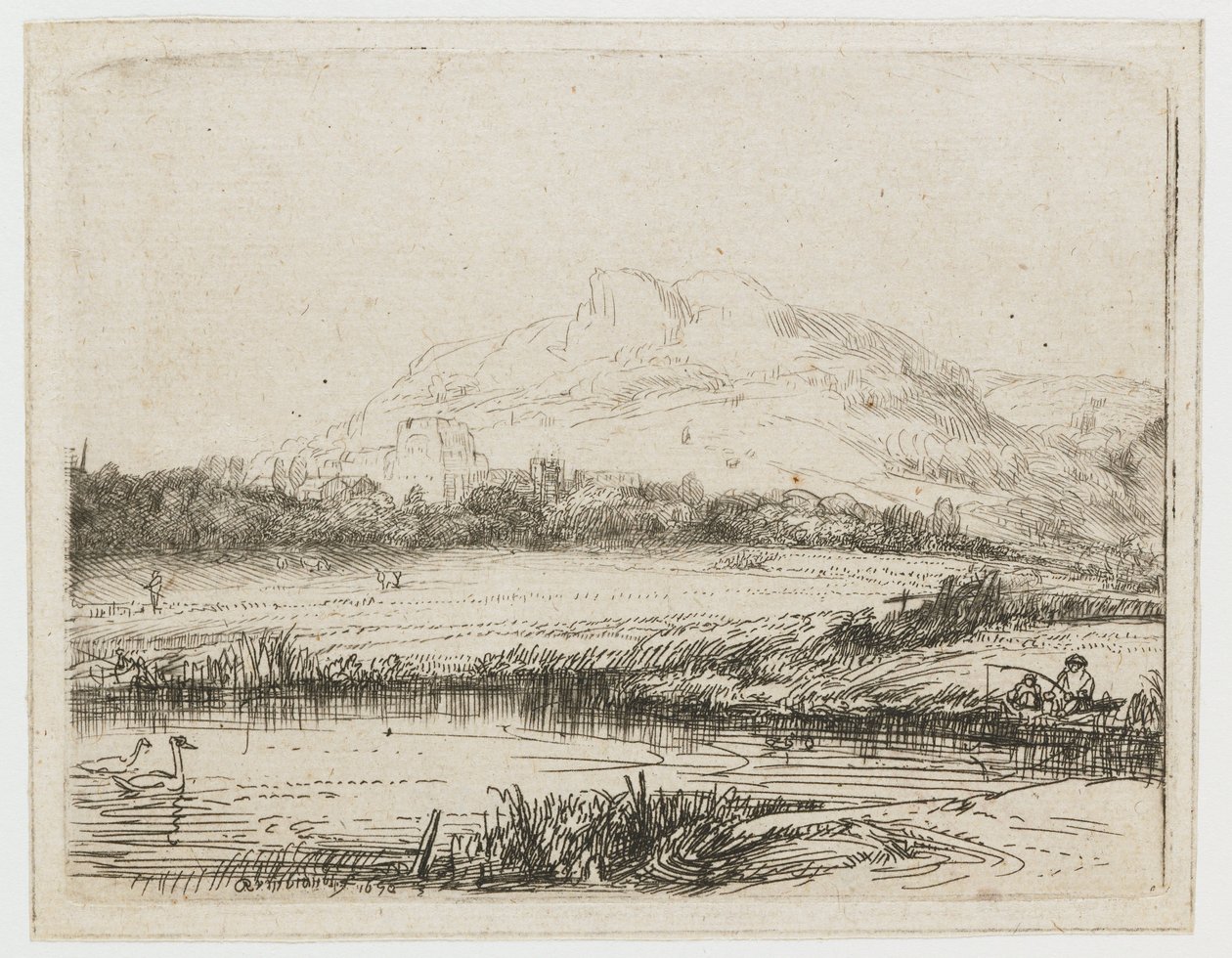 Kanál s rybářem a dvěma labutěmi Kanál s rybářem a dvěma labutěmi od Rembrandt van Rijn