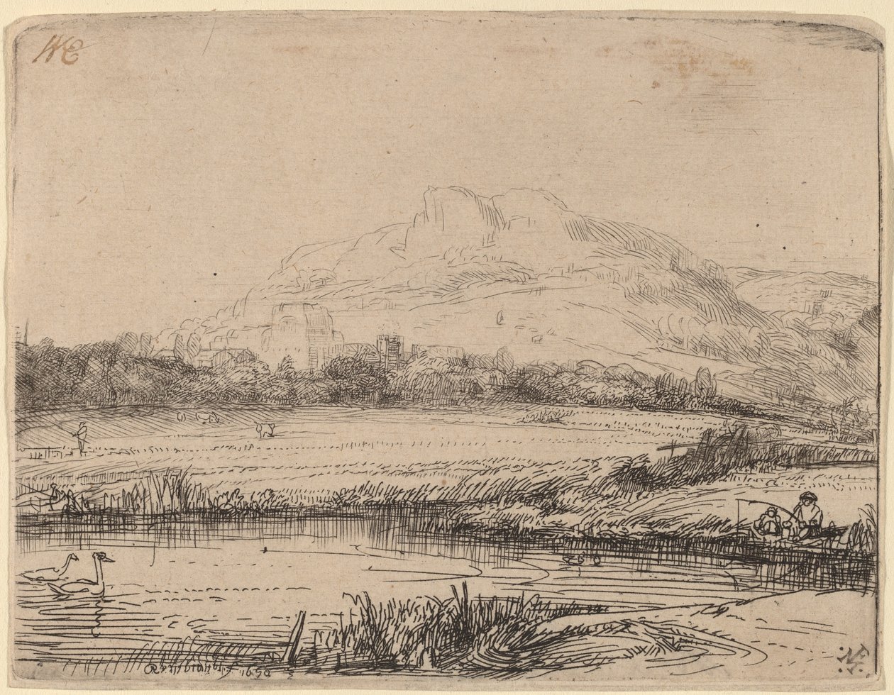 Kanál s rybářem a dvěma labutěmi od Rembrandt van Rijn