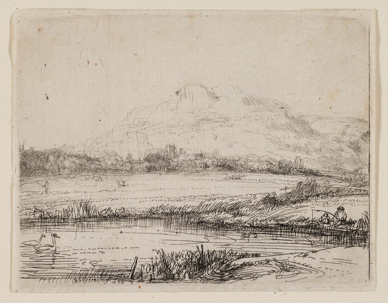 Kanál s rybářem a dvěma labutěmi od Rembrandt van Rijn