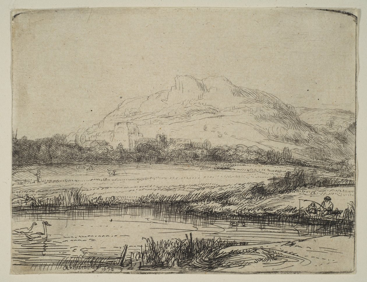 Kanál s rybářem a dvěma labutěmi, 1650. od Rembrandt van Rijn
