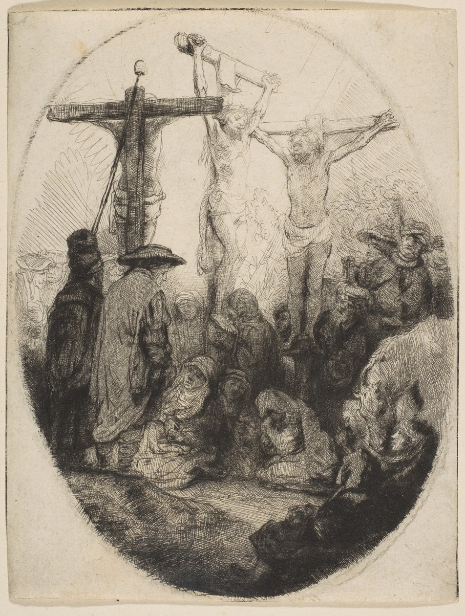 Kristus ukřižovaný mezi dvěma zloději, oválný talíř, ca. 1641. od Rembrandt van Rijn