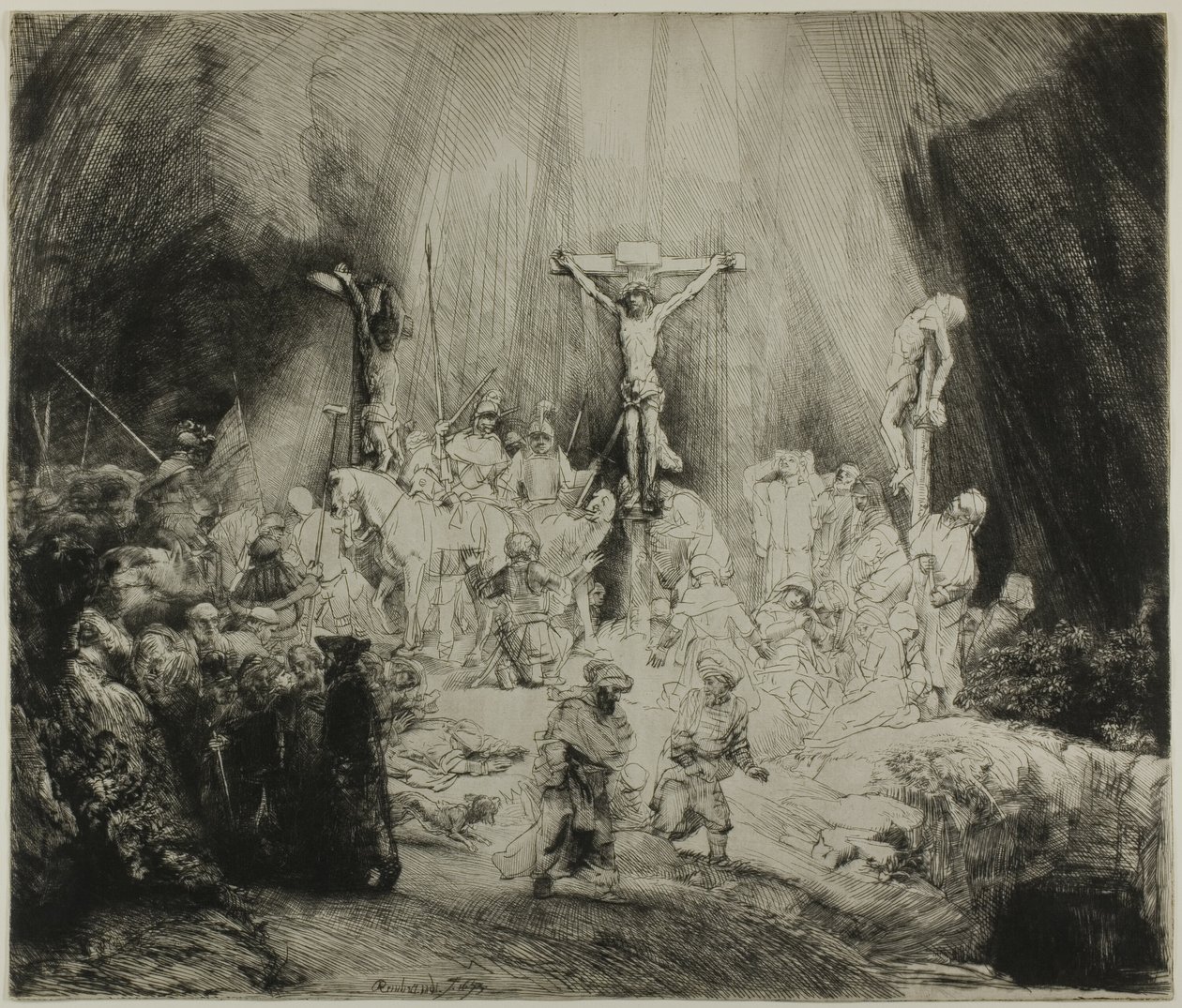 Kristus ukřižovaný mezi dvěma zloději: „Tři kříže“ od Rembrandt van Rijn