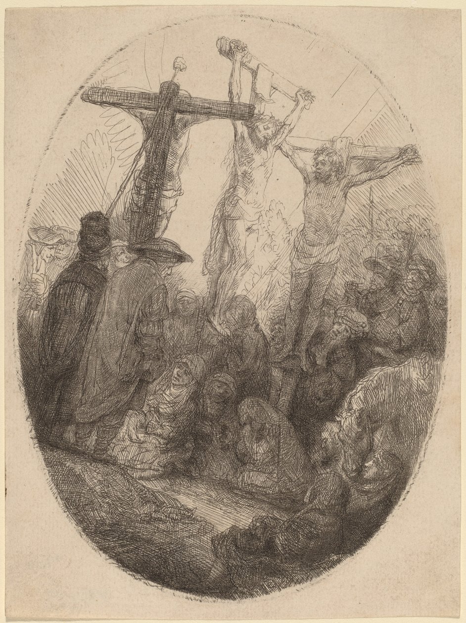 Kristus ukřižovaný mezi dvěma zloději: oválný talíř od Rembrandt van Rijn