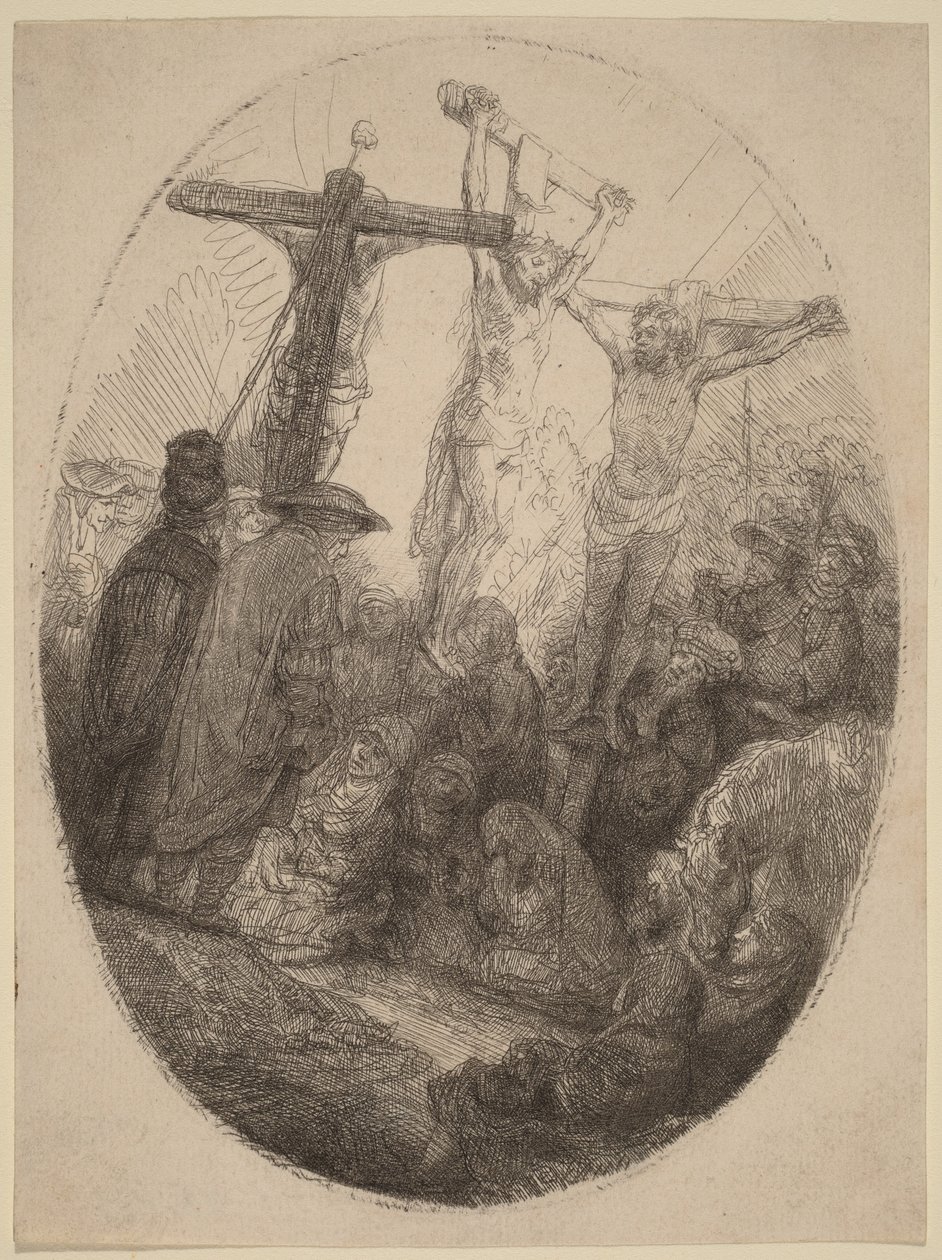 Ukřižovaný Kristus mezi dvěma zločinci: oválný talíř od Rembrandt van Rijn