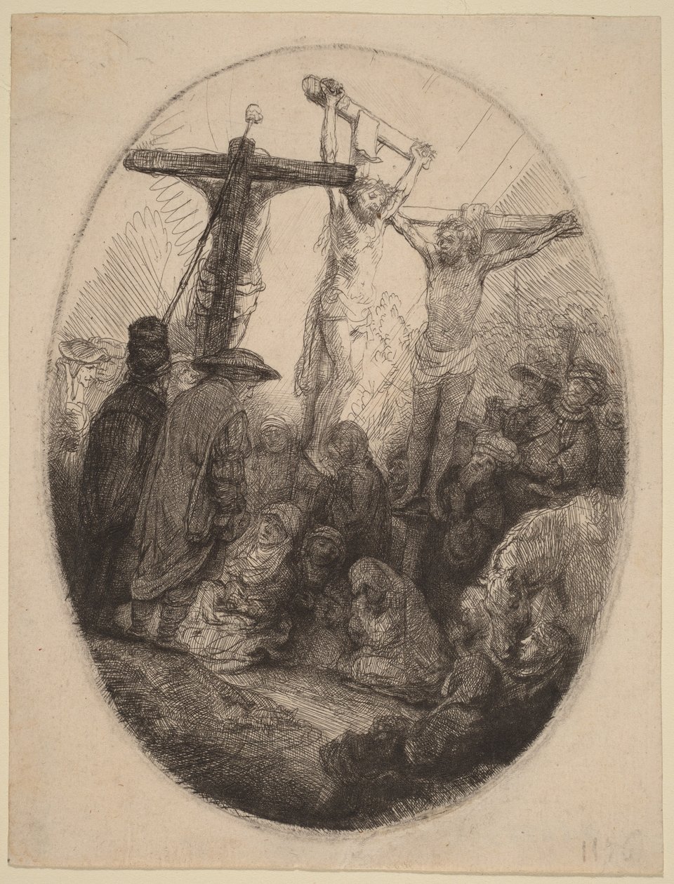 Ukřižovaný Kristus mezi dvěma zločinci: oválný talíř od Rembrandt van Rijn