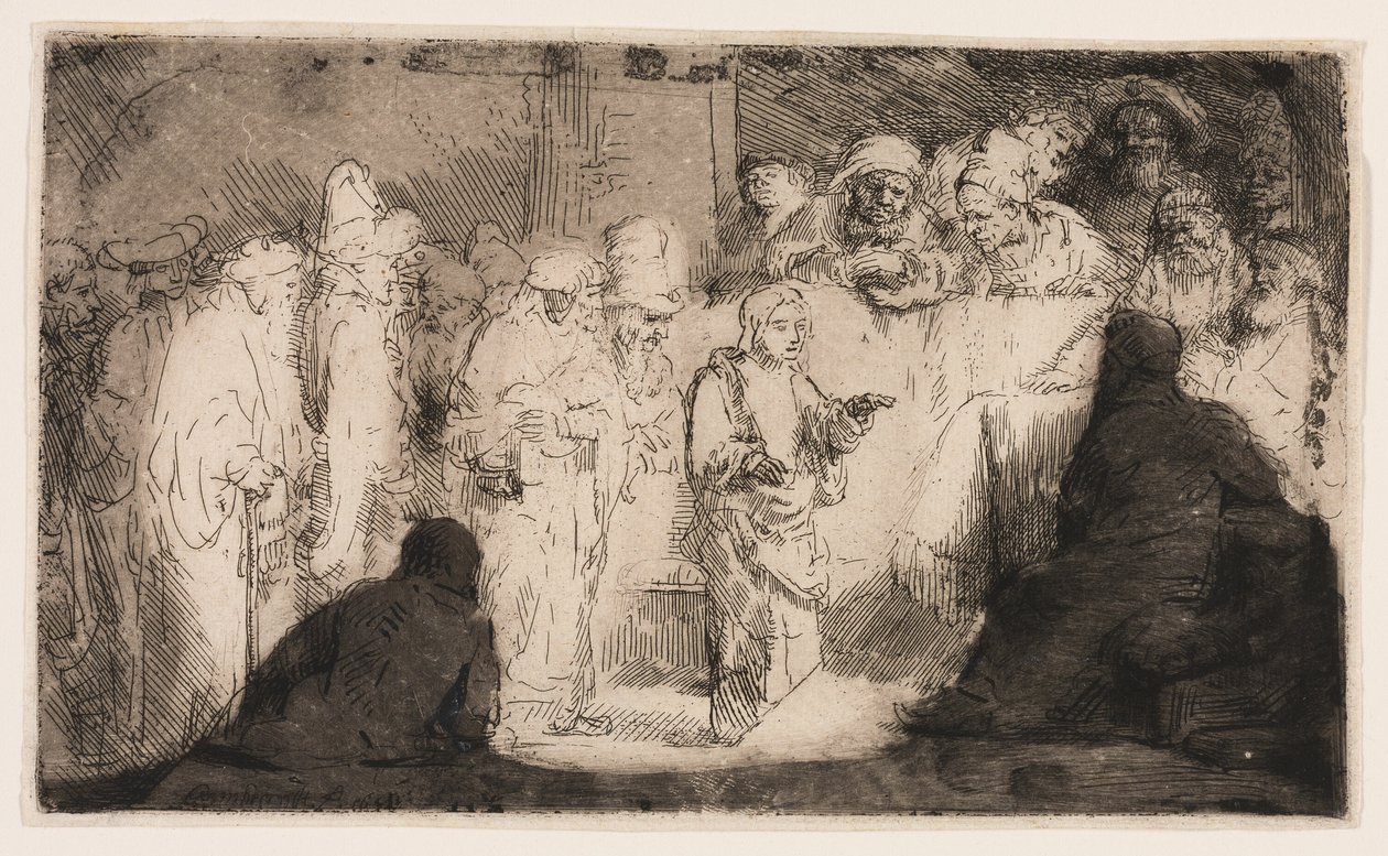 Kristus se hádal s doktory: Skica od Rembrandt van Rijn
