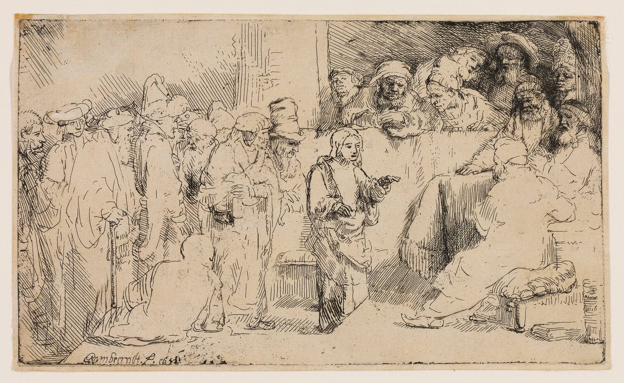 Kristus se hádal s doktory: Skica od Rembrandt van Rijn