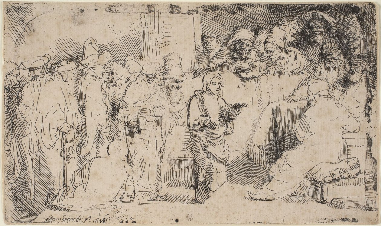 Kristus diskutuje s učenými: Náčrt od Rembrandt van Rijn