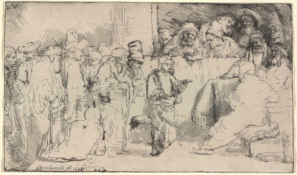Kristus diskutuje s učenými: náčrt od Rembrandt van Rijn