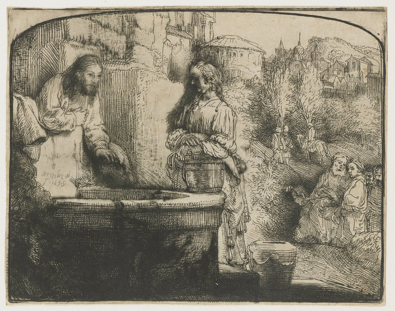 Kristus a žena Samaří Kristus a žena Samaří: klenutý tisk od Rembrandt van Rijn